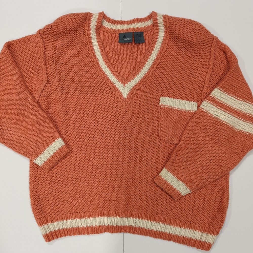 Liz Wear Coral Salmon Pink V-Neck Sweater Sporty Casual - Women's Medium Petite
